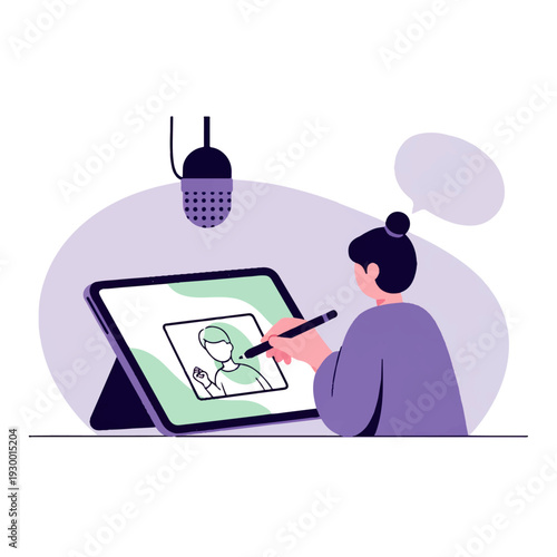 A woman creates digital art on a tablet with a stylus while a microphone captures her voice.