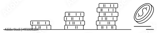 Financial growth, savings, wealth planning, investment, economics, profitability. Stacked coins in increasing order with a tilted currency sign coin on the side. Financial growth and savings concept