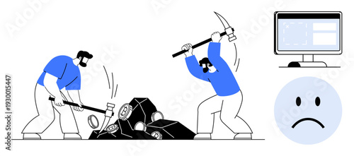 Cryptocurrency mining. Miners work with tools on digital assets, computers monitoring crypto mining performance. Cryptocurrency mining involves labor, technology, and frequent challenges