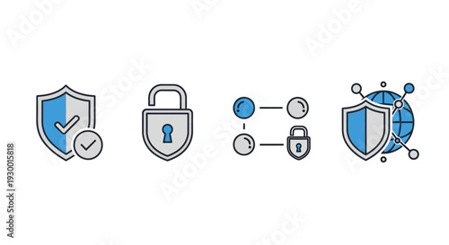 Set of security and network connection icons, representing cybersecurity and digital protection