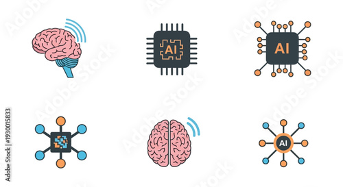 Artificial Intelligence Icons Representing Brains, Chips, and Networks