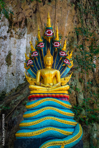 Golden Buddha with Naga statue at Wat Prangkasi in Thong Pha Phum, Kanchanaburi, Thailand surrounded by lush forest cliff