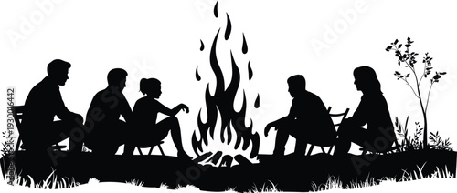 campfire, silhouettes, friends, people, outdoor, camping, night, fire, gathering, storytelling, nature, adventure, group, warmth, relaxation, social, wilderness, evening, lifestyle, illustration