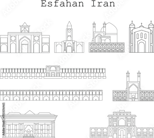 Line art depicts famous architectural landmarks and structures of the city of Esfahan Iran high-quality