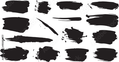 Set of black grunge ink brush strokes and paint splatters. Abstract dirty artistic texture design elements isolated on white.
