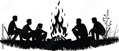 campfire, silhouettes, people, friends, night, outdoor, camping, fire, storytelling, gathering, nature, adventure, group, warmth, relaxation, social, wilderness, evening, lifestyle, illustration