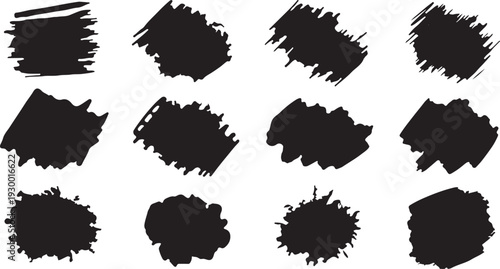 Set of black grunge ink brush strokes and paint splatters. Abstract dirty artistic texture design elements isolated on white.