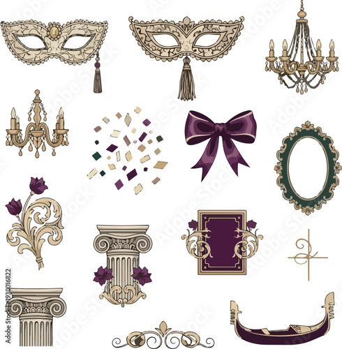 Venetian Masquerade Party Elements Set with Elegant Masks, Gondola, and Baroque Ornaments
