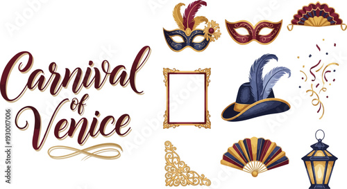 Carnival of Venice Decorative Elements Set with Masquerade Masks, Hand Fans, Feathered Hat, and Golden Victorian Ornaments for Festive Celebration Design