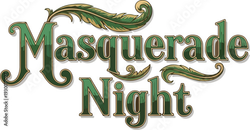 Masquerade Night Typography with Green Feather and Golden Filigree for St. Patrick's Day or Carnival Party