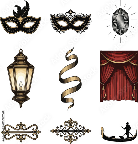 Venetian Carnival Elements Set with Masquerade Masks, Gondola, and Vintage Ornaments
