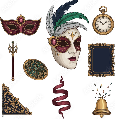 Elegant Masquerade Carnival Elements Set with Venetian Masks, Golden Ornaments, and Vintage Decorative Accessories for Luxury Party Design