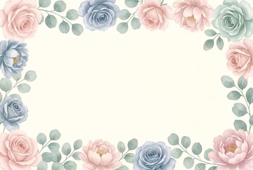 Watercolor floral frame with pastel roses and eucalyptus leaves on white background.