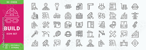 Build line editable icon set. Contain icons related to build, construction, building, architecture, worker, and more. Editable stroke. Vector illustration