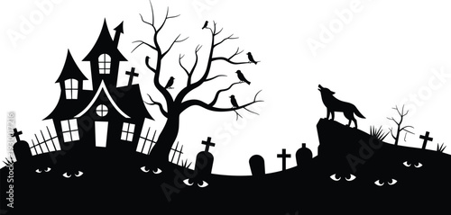 halloween, haunted, house, silhouette, graveyard, spooky, night, horror, eerie, bats, wolf, cemetery, dark, scary, gothic, tree, creepy, illustration, landscape, concept