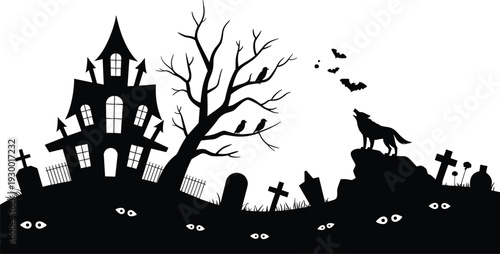 halloween, haunted, house, silhouette, graveyard, spooky, night, horror, eerie, bats, wolf, cemetery, dark, scary, gothic, tree, creepy, illustration, landscape, concept