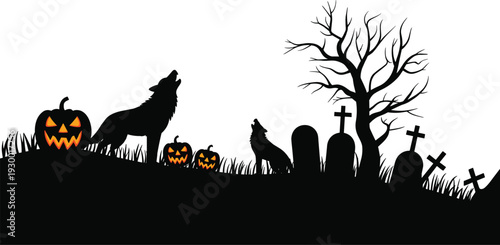 halloween, silhouette, wolves, graveyard, pumpkins, spooky, night, horror, eerie, cemetery, dark, tree, scary, haunted, gothic, illustration, landscape, creepy, autumn, concept