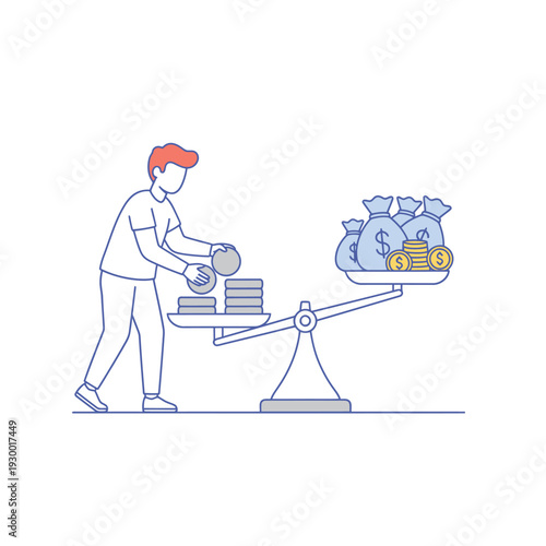 Man Balancing Money on a Scale with Coins and Bags.