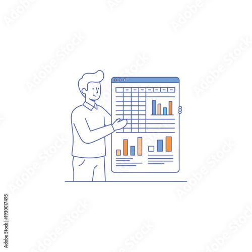 Man Presenting Financial Data and Charts on a Board.