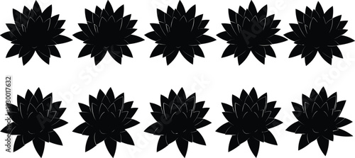 Black lotus flower silhouette icon set, abstract floral shapes collection, botanical vector illustration isolated on white background design, minimal modern