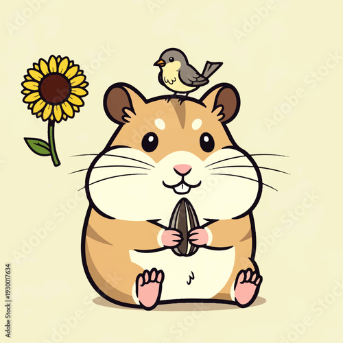 Cute cartoon hamster holding a sunflower seed with a little bird on its head and a sunflower flower