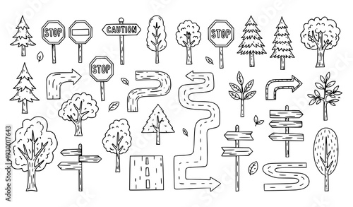 A set of black and white vector graphics featuring road signs and trees