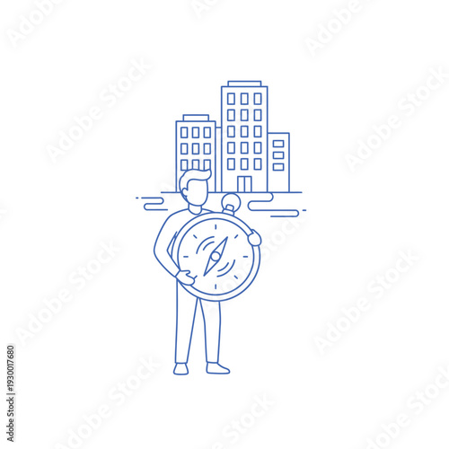 Man Holding Compass in Front of Buildings.