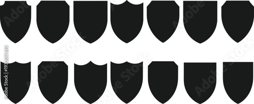 Black shield silhouettes set, protection security emblem icons collection, heraldic badge shapes isolated on white background design
