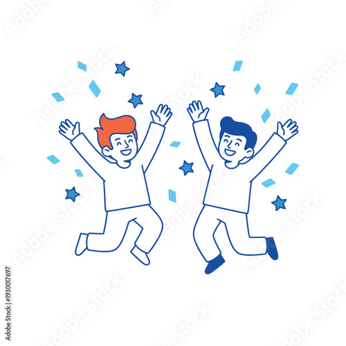 Two happy people jumping with confetti and stars.