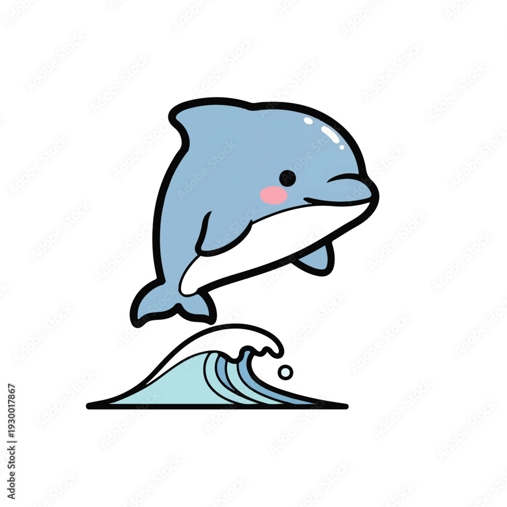 Fototapeta premium Cute kawaii dolphin jumping over ocean wave vector illustration