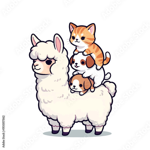 Cute cartoon alpaca with stacked kitten and puppies isolated on white background