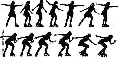 Roller skating woman silhouette sequence, dynamic female skater motion poses, sports activity illustration, black vector isolated on white background