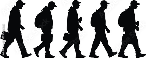 Walking man silhouette sequence, traveler commuter with backpack and bag, male motion poses, black vector illustration isolated on white background