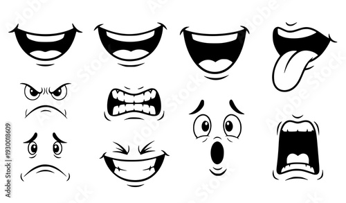 A set of various cartoon facial expressions in black and white