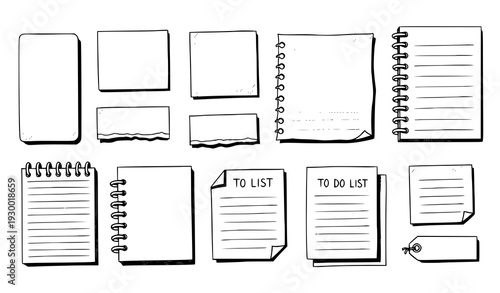 A collection of various notebook and notepad illustrations in a minimalist style