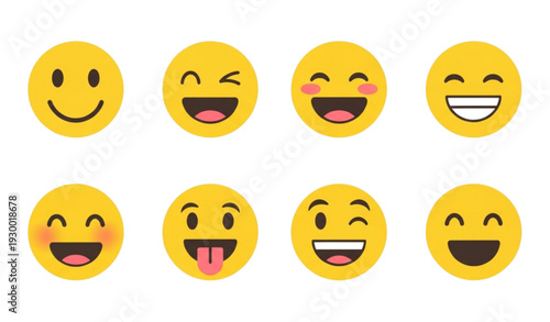 A set of colorful smiley face emojis with various happy expressions