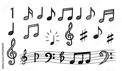 A vector graphic illustration of various musical notes and symbols