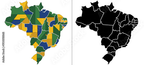 Brazil Map with State Divisions in Flag Colors and Black Silhouette Version Vector Set