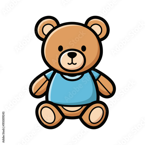 Cute cartoon teddy bear wearing blue shirt and sitting