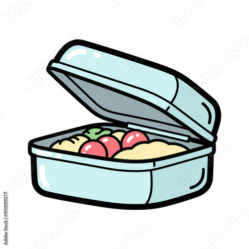 Delicious takeout food in a light blue to-go box with lid open
