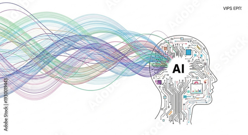 Artificial intelligence concept with colorful neural network and circuitry brain on white background