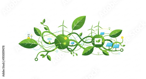 Green technology concept with leaves and eco friendly symbols on white background for sustainable energy solutions and environmental conservation