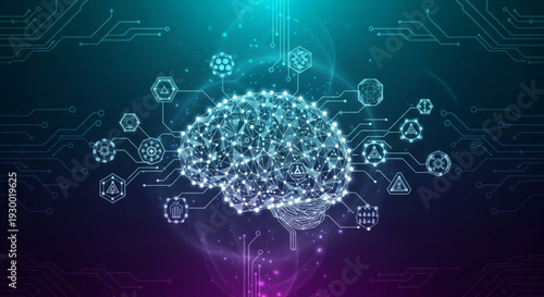 Glowing digital brain with circuit board patterns and futuristic symbols in a neon lit background