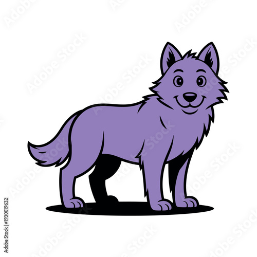 Friendly cartoon purple wolf stands smiling against a white background.