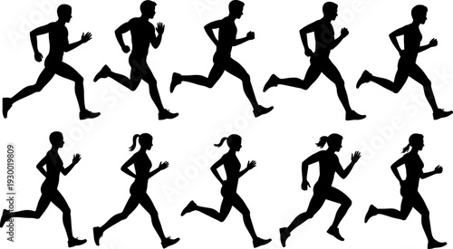running, silhouettes, athletes, runners, jogging, fitness, sport, people, exercise, training, marathon, sprint, healthy, lifestyle, speed, motion, endurance, activity, illustration, set