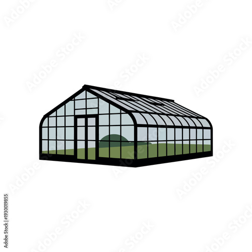 Glass greenhouse structure provides controlled environment for growing.