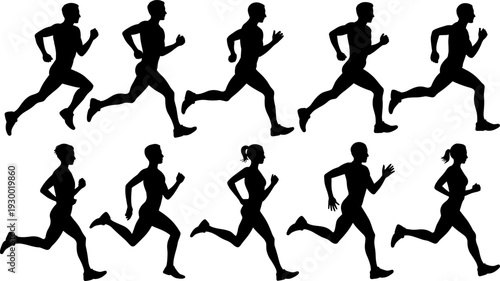running, silhouettes, men, women, runners, jogging, fitness, sport, exercise, athletes, marathon, sprint, training, healthy, lifestyle, motion, speed, endurance, activity, set