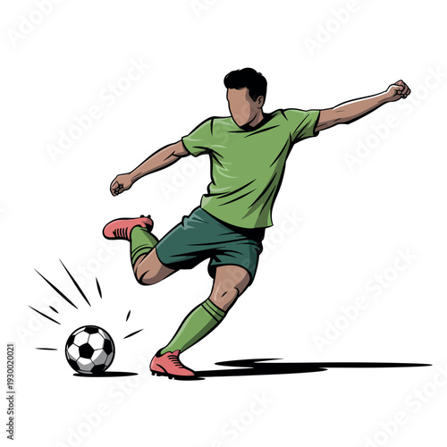 Athlete in green uniform powerfully strikes a soccer ball during a competitive match moment.