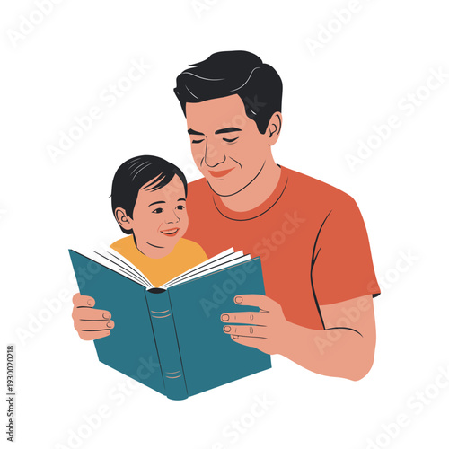 Smiling father and young child happily read a large book together illustrating family.