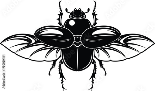 Beetle insect illustration, black and white artwork, symmetrical wing design, detailed entomology drawing, bold graphic insect symbol, artistic nature silhouette
